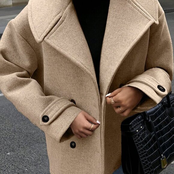 Jackets & Blazers - Khaki Casual Women's Double-Breasted Long Sleeve Loose Wool Coat